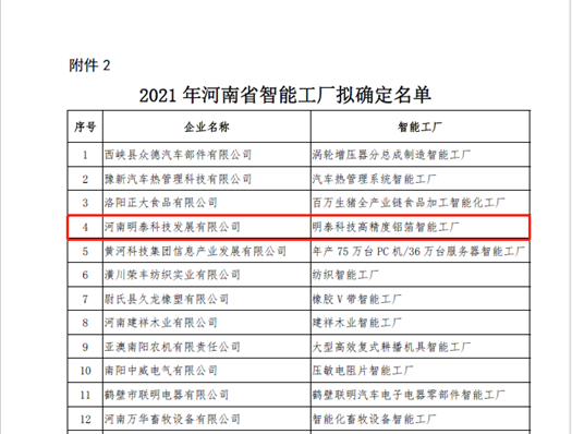 2021年河南省智能车间智能工厂拟认定名单公示，明泰科技榜上有名